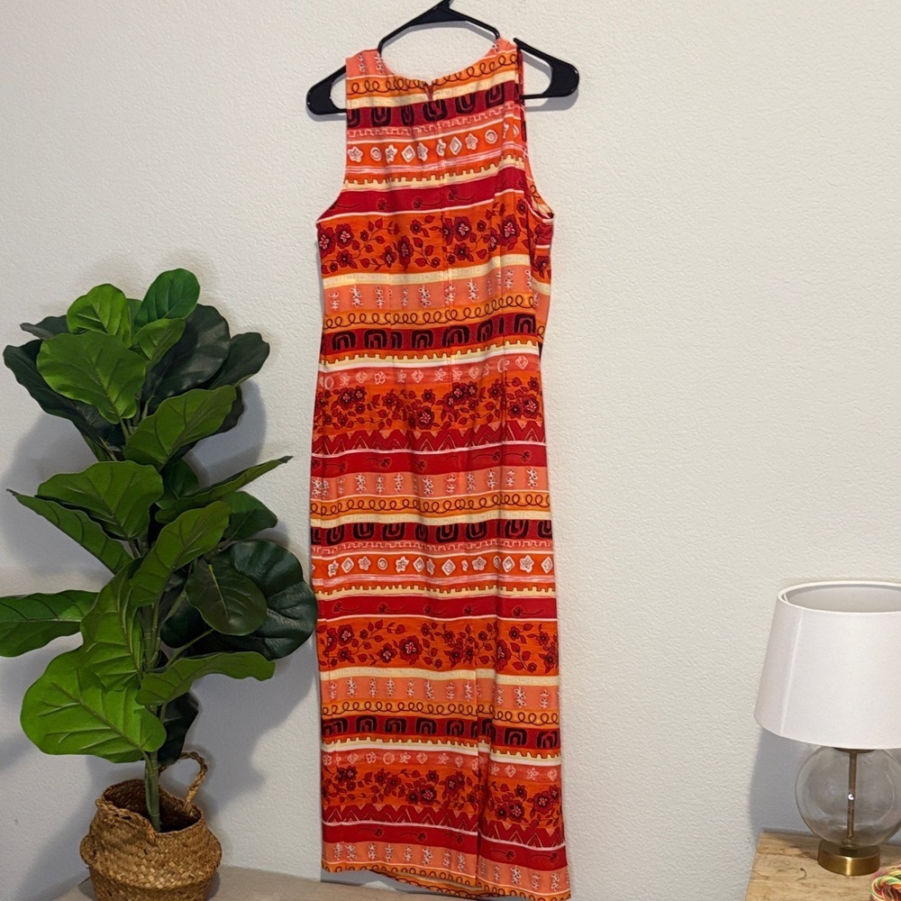 Vintage Kathie Lee Collection Red and Orange Midi Dress 8 - Picture 4 of 6